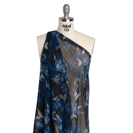 Foiled Polyester Chiffon Print - Black, Blue and Silver Ikat Roses - Designer Deadstock