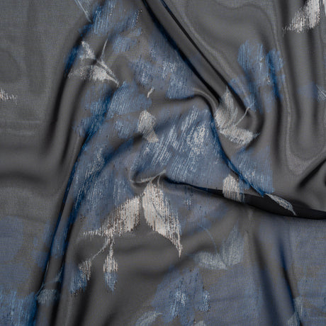 Foiled Polyester Chiffon Print - Black, Blue and Silver Ikat Roses - Designer Deadstock