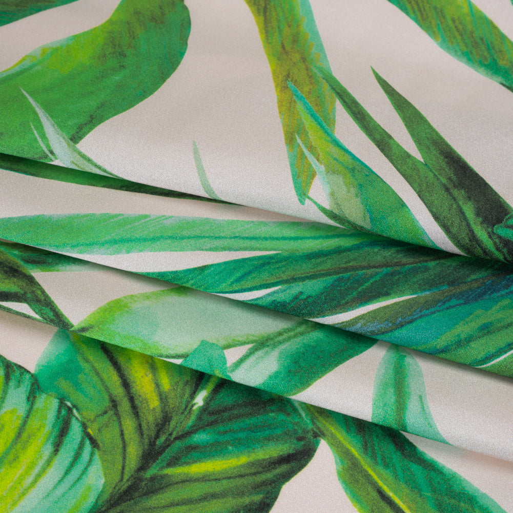 Silk Charmeuse Print 16MM, Made in Italy - Cream and Green Tropical Leaves