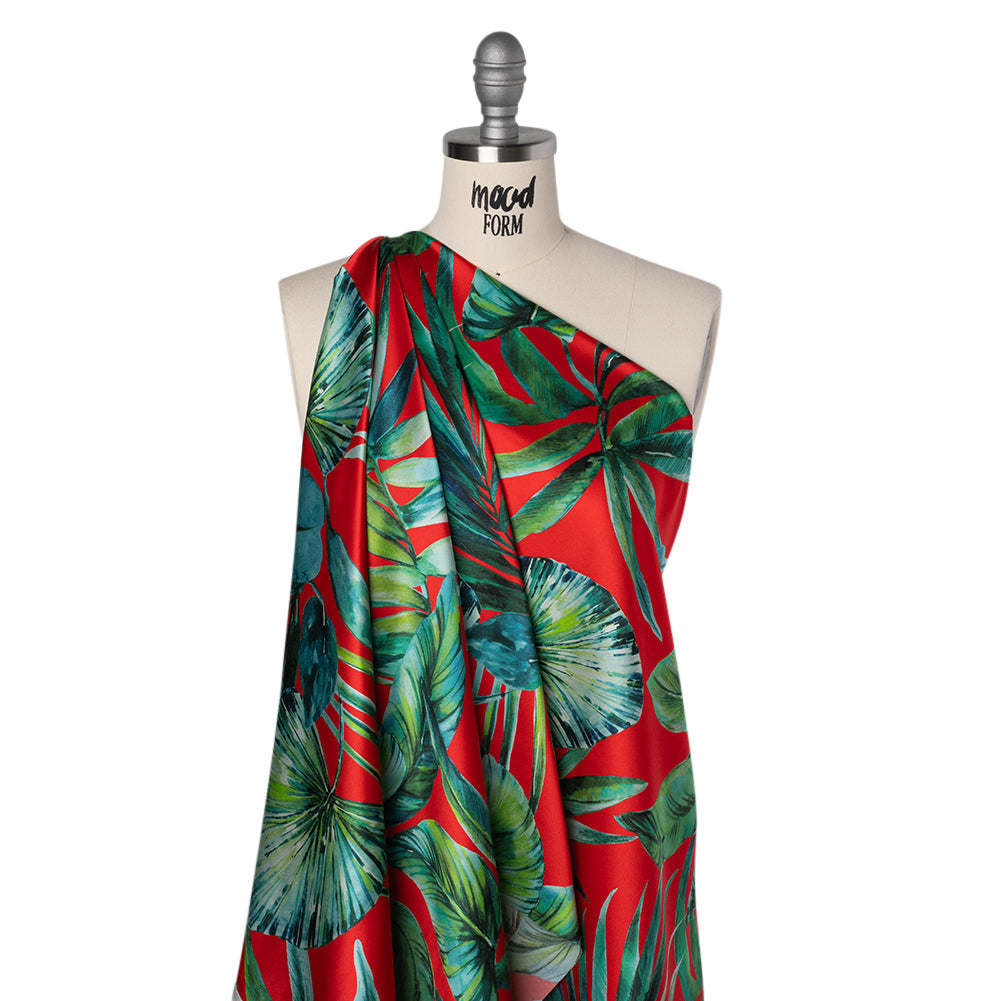 Silk Charmeuse Print 16MM, Made in Italy - Red and Green Tropical Leaves