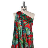 Silk Charmeuse Print 16MM, Made in Italy - Red and Green Tropical Leaves