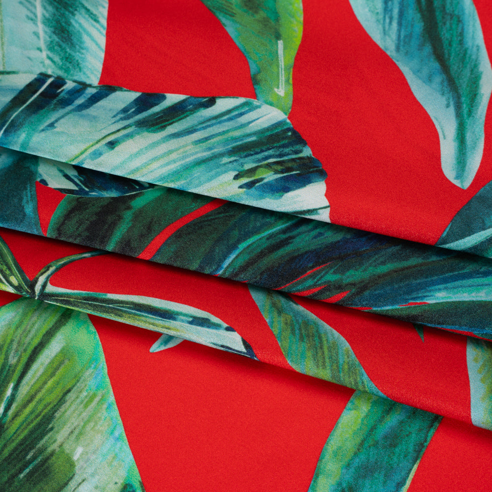 Silk Charmeuse Print 16MM, Made in Italy - Red and Green Tropical Leaves