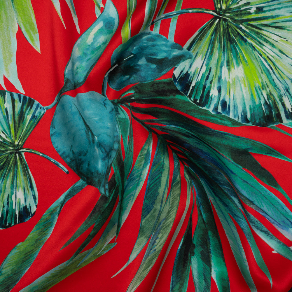 Silk Charmeuse Print 16MM, Made in Italy - Red and Green Tropical Leaves