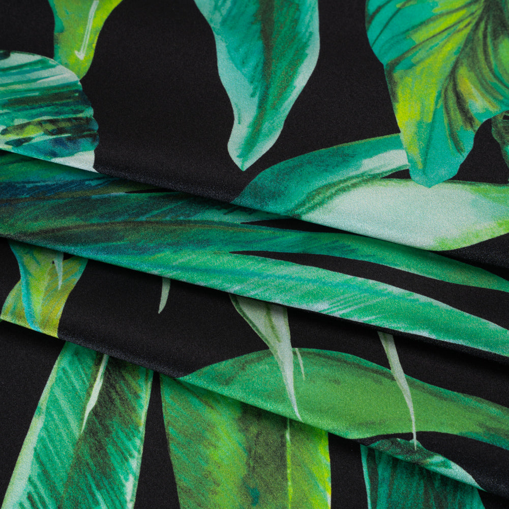Silk Charmeuse Print 16MM, Made in Italy - Black and Green Tropical Leaves