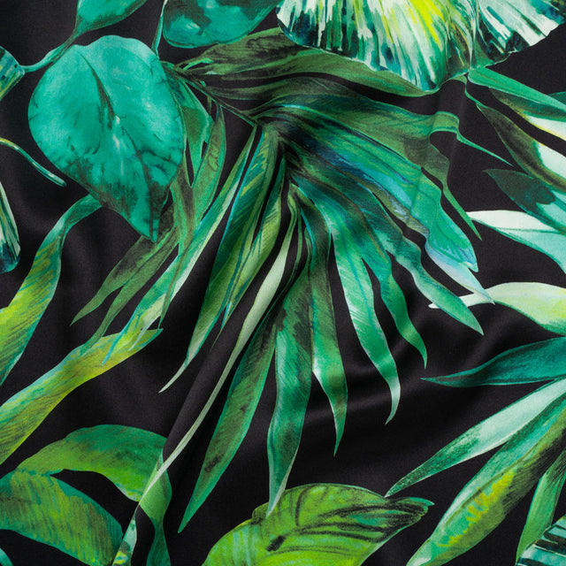 Silk Charmeuse Print 16MM, Made in Italy - Black and Green Tropical Leaves