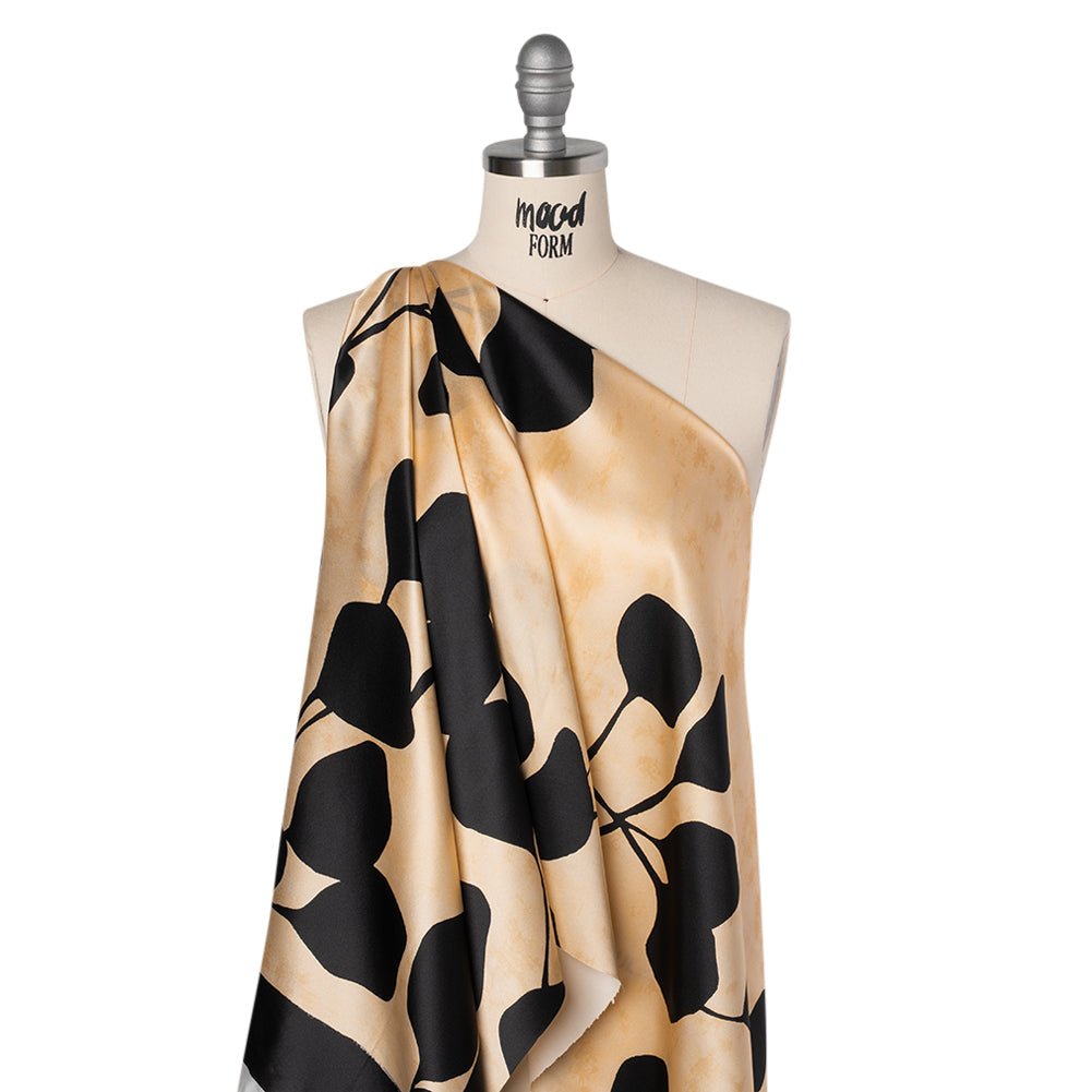 Silk Charmeuse Print 16MM, Made in Italy - Mottled Beige and Black Plant Silhouettes Border