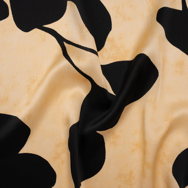 Silk Charmeuse Print 16MM, Made in Italy - Mottled Beige and Black Plant Silhouettes Border