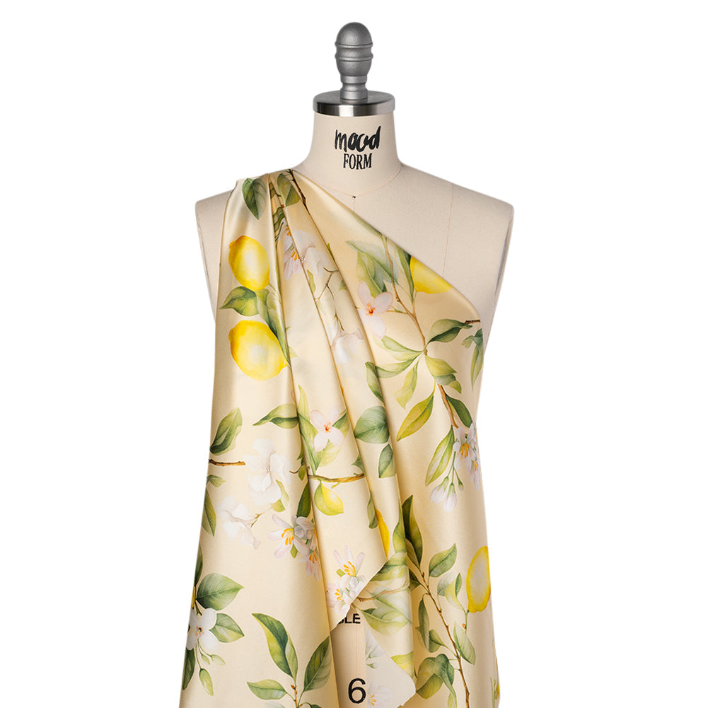 Silk Charmeuse Print 16MM, Made in Italy - Cream, Green and Yellow Blossoming Lemon Tree