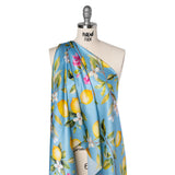Silk Charmeuse Print 16MM, Made in Italy - Sky Blue, Green and Yellow Blossoming Lemon Tree