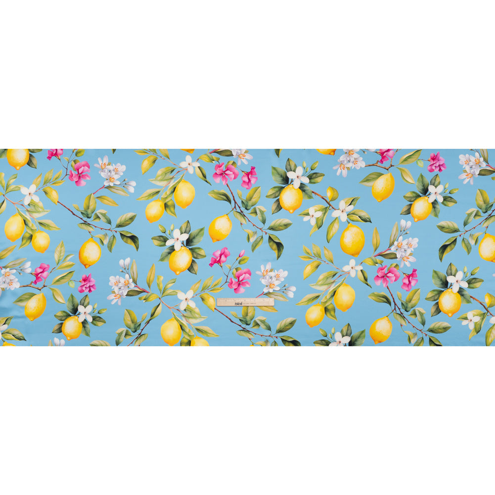 Silk Charmeuse Print 16MM, Made in Italy - Sky Blue, Green and Yellow Blossoming Lemon Tree