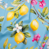 Silk Charmeuse Print 16MM, Made in Italy - Sky Blue, Green and Yellow Blossoming Lemon Tree