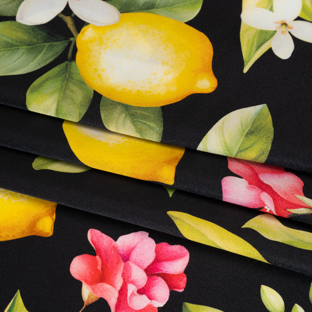 Silk Charmeuse Print 16MM, Made in Italy - Black, Green and Yellow Blossoming Lemon Tree