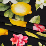 Silk Charmeuse Print 16MM, Made in Italy - Black, Green and Yellow Blossoming Lemon Tree