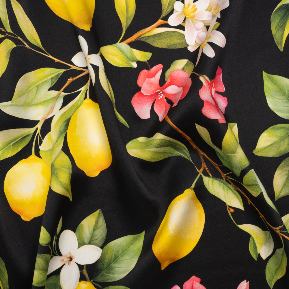 Silk Charmeuse Print 16MM, Made in Italy - Black, Green and Yellow Blossoming Lemon Tree