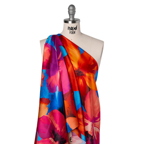 Silk Charmeuse Print 16MM, Made in Italy - Bright Pink, Coral Orange and Blue Painterly Flowers