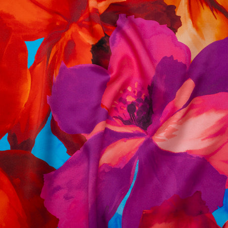 Silk Charmeuse Print 16MM, Made in Italy - Bright Pink, Coral Orange and Blue Painterly Flowers