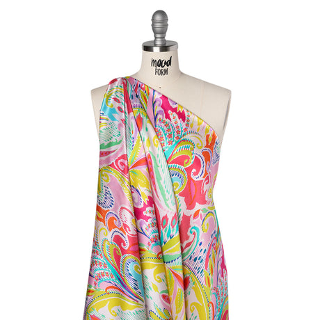 Silk Charmeuse Print 16MM, Made in Italy - White, Yellow and Purple Painterly Ikat Paisley