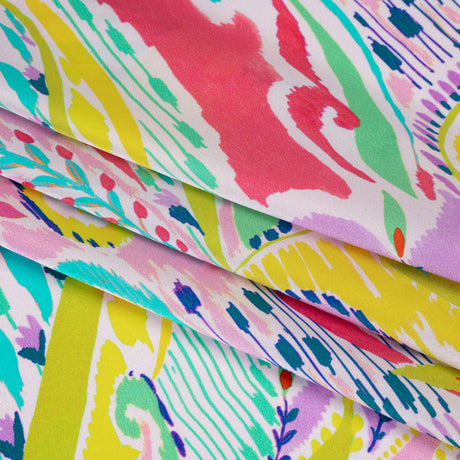 Silk Charmeuse Print 16MM, Made in Italy - White, Yellow and Purple Painterly Ikat Paisley