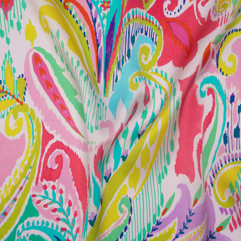 Silk Charmeuse Print 16MM, Made in Italy - White, Yellow and Purple Painterly Ikat Paisley