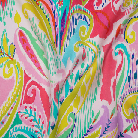Silk Charmeuse Print 16MM, Made in Italy - White, Yellow and Purple Painterly Ikat Paisley