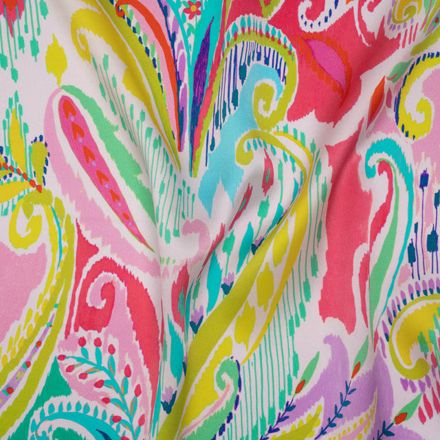 Silk Charmeuse Print 16MM, Made in Italy - White, Yellow and Purple Painterly Ikat Paisley