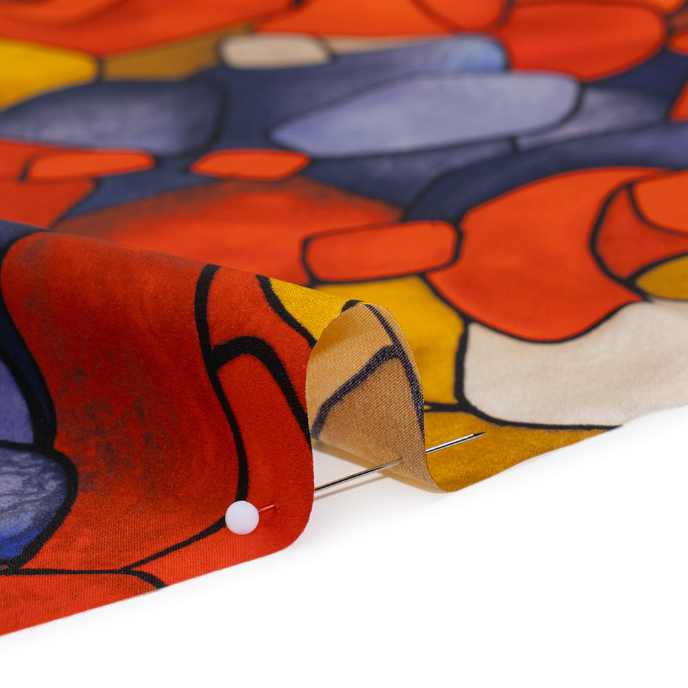 Silk Charmeuse Print 16MM, Made in Italy - Red, Golden Yellow and Dark Blue Stained Glass Roses