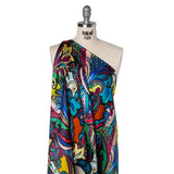 Silk Charmeuse Print 16MM, Made in Italy - Black, Turquoise and Berry Red Painterly Ikat Paisley