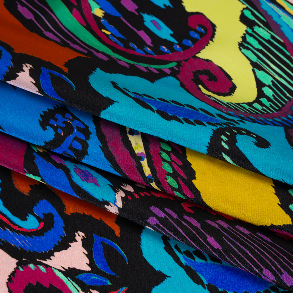 Silk Charmeuse Print 16MM, Made in Italy - Black, Turquoise and Berry Red Painterly Ikat Paisley