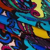 Silk Charmeuse Print 16MM, Made in Italy - Black, Turquoise and Berry Red Painterly Ikat Paisley