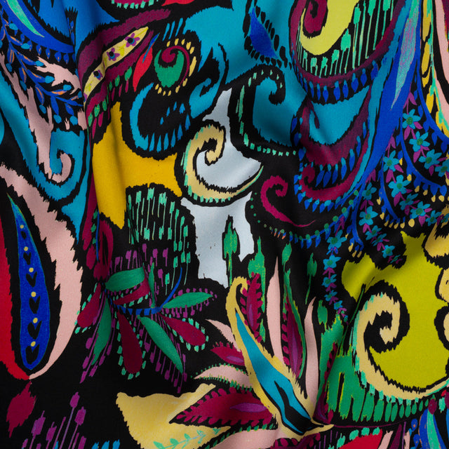 Silk Charmeuse Print 16MM, Made in Italy - Black, Turquoise and Berry Red Painterly Ikat Paisley