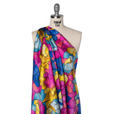 Silk Charmeuse Print 16MM, Made in Italy - Bright Pink, Golden Yellow and Blue Stained Glass Roses