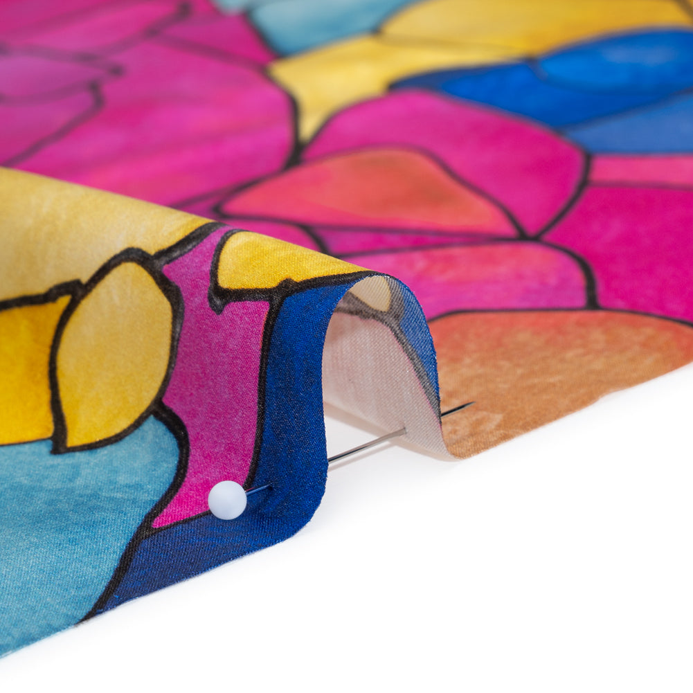 Silk Charmeuse Print 16MM, Made in Italy - Bright Pink, Golden Yellow and Blue Stained Glass Roses
