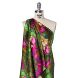 Silk Charmeuse Print 16MM, Made in Italy - Olive Green, Tan and Bright Pink Stained Glass Roses