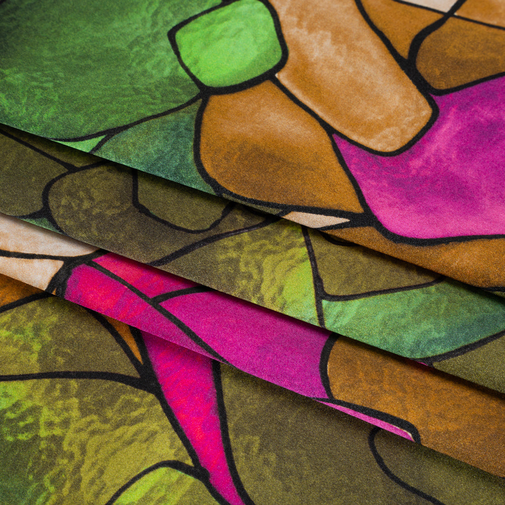 Silk Charmeuse Print 16MM, Made in Italy - Olive Green, Tan and Bright Pink Stained Glass Roses