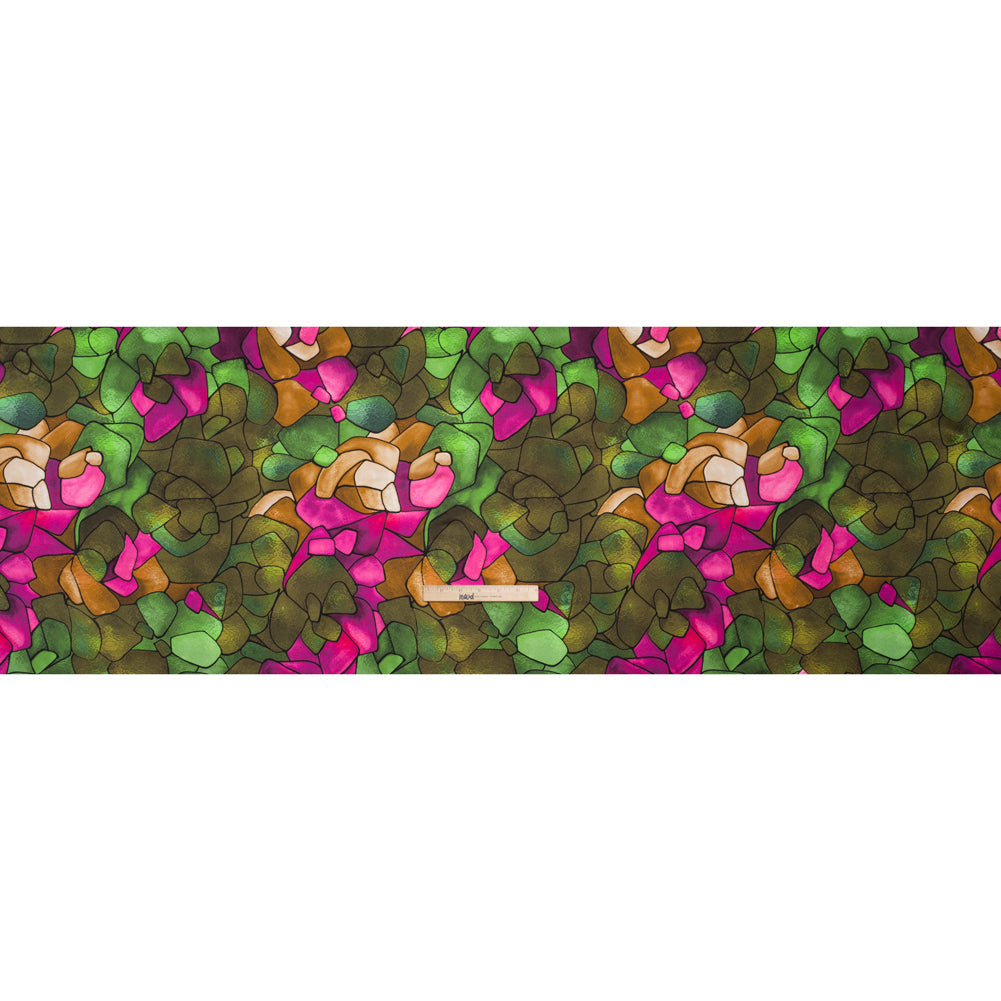 Silk Charmeuse Print 16MM, Made in Italy - Olive Green, Tan and Bright Pink Stained Glass Roses