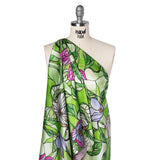 Silk Charmeuse Print 16MM, Made in Italy - Grass Green, Hot Pink and Lavender Stained Glass Flower Garden