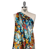 Silk Charmeuse Print 16MM, Made in Italy - Sky Blue, Golden Yellow and Red Stained Glass Flower Mosaic