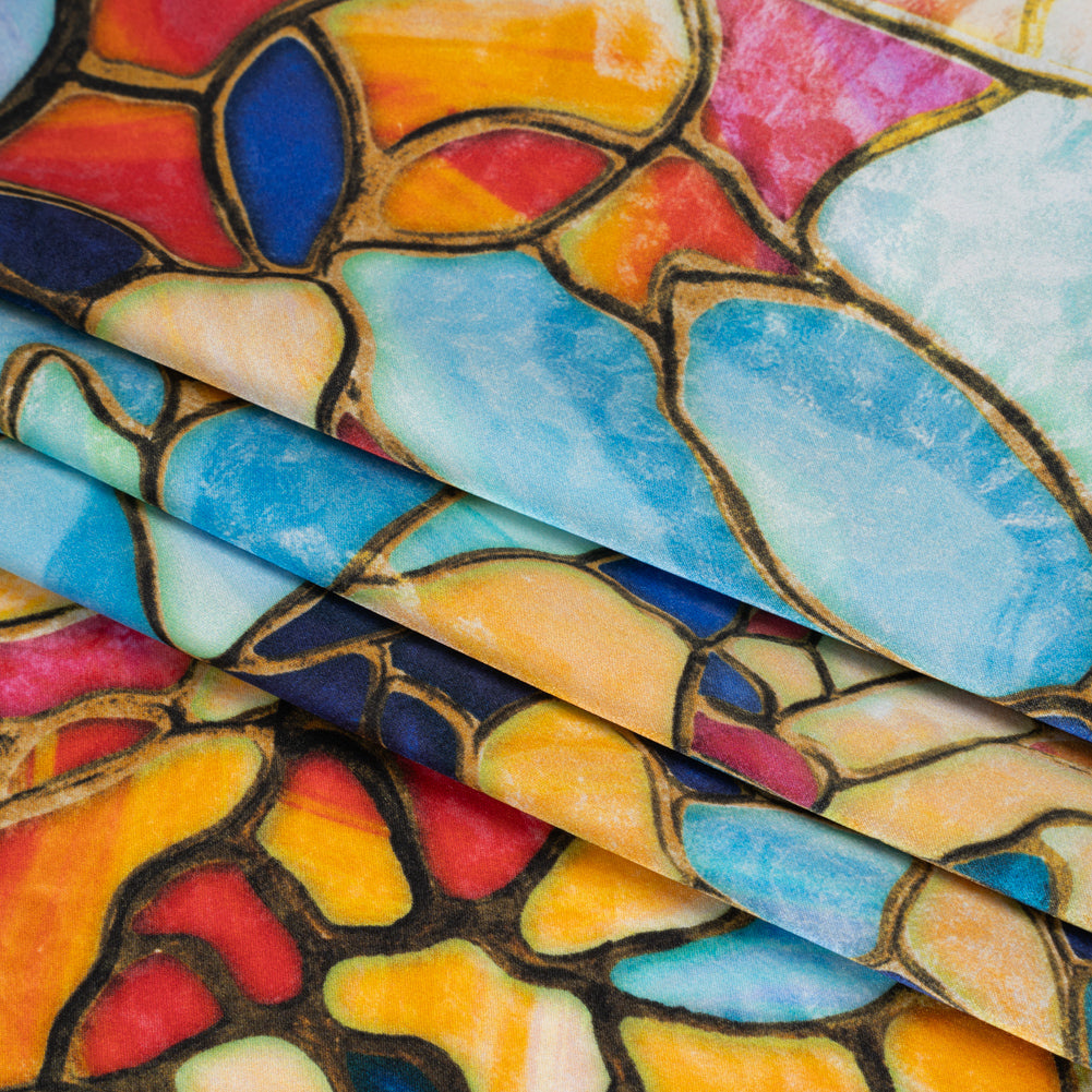 Silk Charmeuse Print 16MM, Made in Italy - Sky Blue, Golden Yellow and Red Stained Glass Flower Mosaic