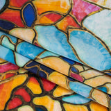 Silk Charmeuse Print 16MM, Made in Italy - Sky Blue, Golden Yellow and Red Stained Glass Flower Mosaic
