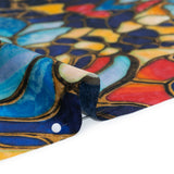 Silk Charmeuse Print 16MM, Made in Italy - Sky Blue, Golden Yellow and Red Stained Glass Flower Mosaic