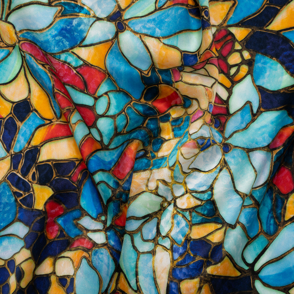 Silk Charmeuse Print 16MM, Made in Italy - Sky Blue, Golden Yellow and Red Stained Glass Flower Mosaic