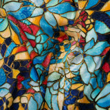 Silk Charmeuse Print 16MM, Made in Italy - Sky Blue, Golden Yellow and Red Stained Glass Flower Mosaic