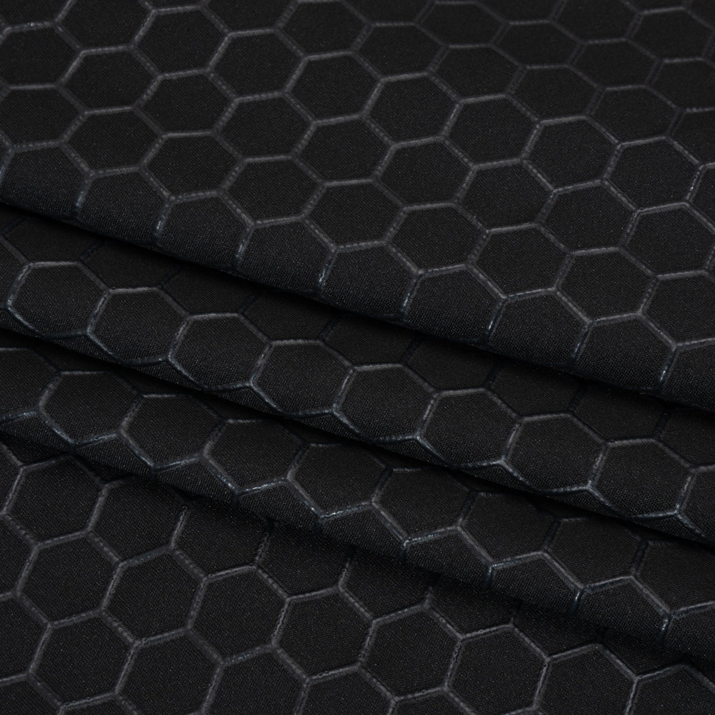 Yaya Han Stretch Polyester Interlock Knit with Puff Print - Black Honeycomb Hexagons - Cosplay Collection