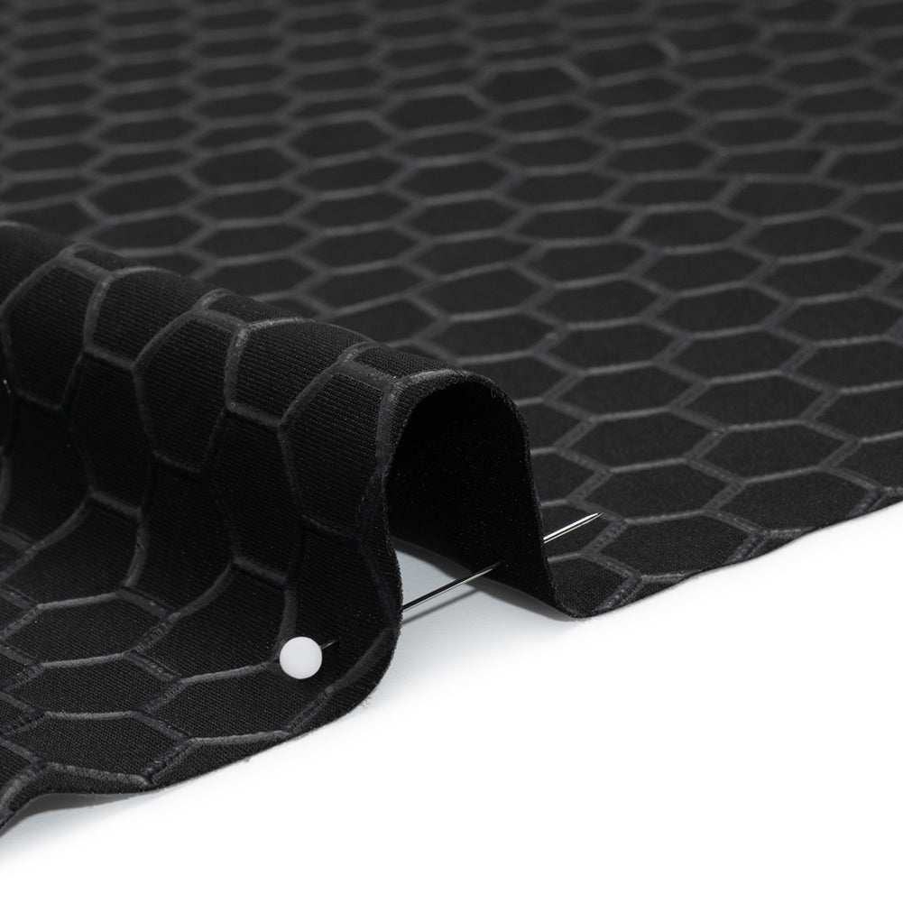 Yaya Han Stretch Polyester Interlock Knit with Puff Print - Black Honeycomb Hexagons - Cosplay Collection