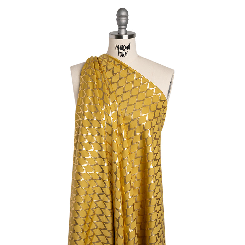 Yaya Han Stretch Polyester Jersey with Vinyl Puff Print - Mustard Yellow and Metallic Gold Dragon Scales - Cosplay Collection