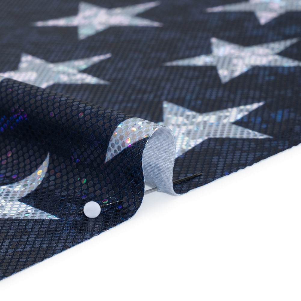Yaya Han Stretch Spandex Polyester Jersey Print with Holographic Foiling - Navy and Silver Stars - Cosplay Collection