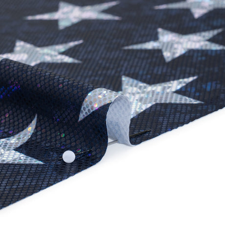 Yaya Han Stretch Spandex Polyester Jersey Print with Holographic Foiling - Navy and Silver Stars - Cosplay Collection