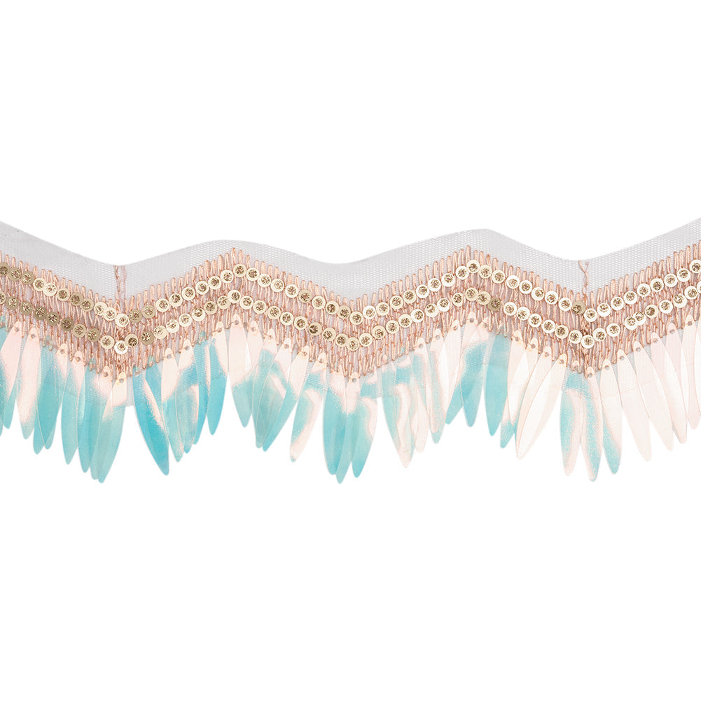 Yaya Han Iridescent Sequin Fringe on Zig Zag Braided Trim - Tango Blue, Gold and Baby Pink, 3" - Cosplay Collection