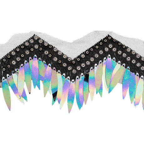 Yaya Han Iridescent Sequin Fringe on Zig Zag Braided Trim - Tango Black, Gold and Oil Slick, 3" - Cosplay Collection