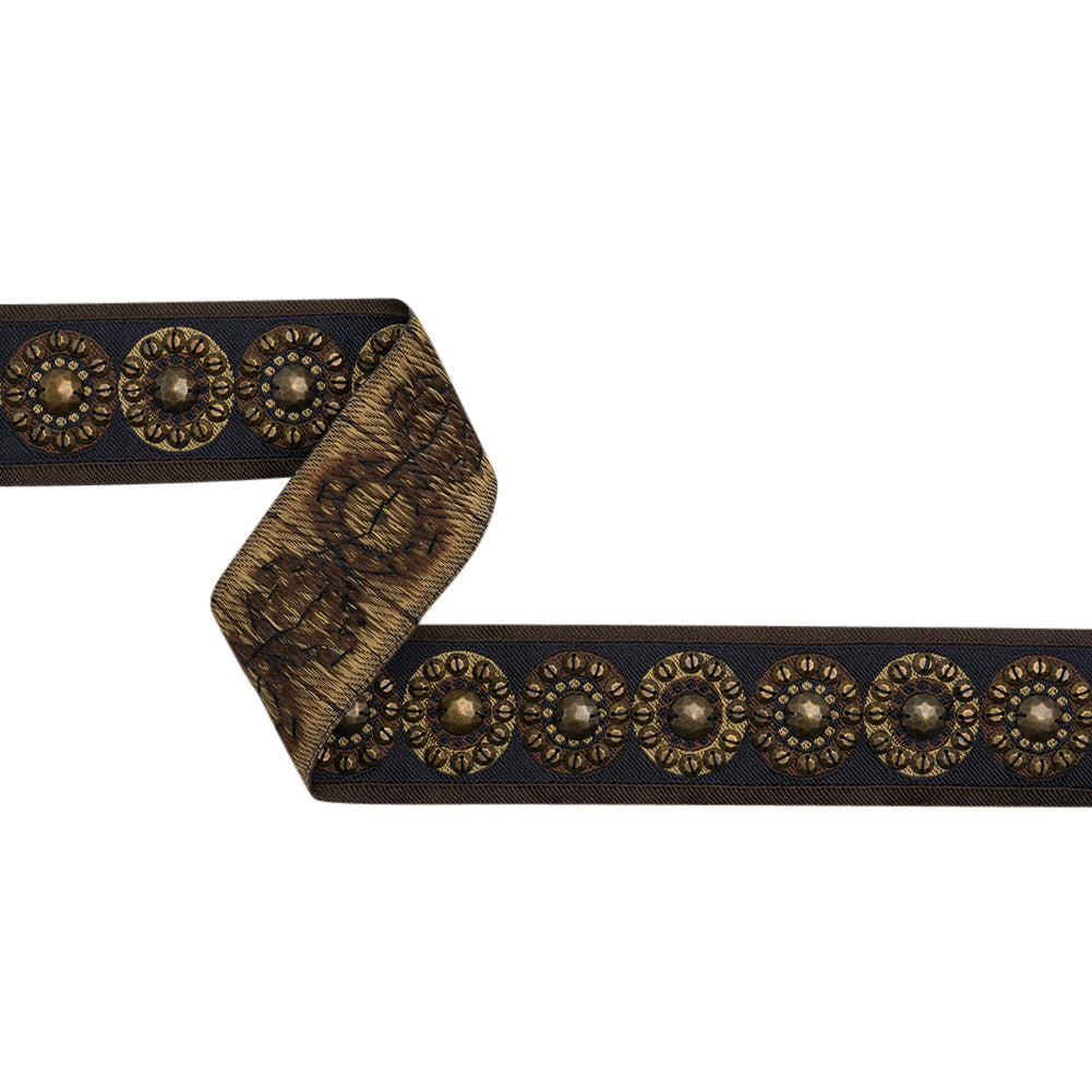 Yaya Han Beaded Jacquard Ribbon Trim - Nairobi Black, Brown and Antique Gold Circles, 1.875" - Cosplay Collection